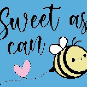 May include: A blue background with the text "Sweet as can" in black cursive font. A cartoon bee with yellow and black stripes, white wings, and a pink heart is flying to the right. The bee has a happy face and is carrying a pink heart on a dotted line.