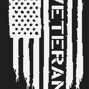 May include: A white distressed American flag with the word "Veteran" written vertically in the center.