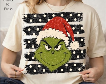 Grumpy Green Christmas DTF Transfer, Funny Christmas Grinch Heat Press, Santa Hat Holiday Iron On