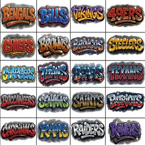 K&ouml;nnte beinhalten: Ein Raster von 20 farbenfrohen Logos im Graffiti-Stil von NFL-Teams, darunter die Bengals, Bills, Vikings, 49ers, Chiefs, Browns, Broncos, Steelers, Chargers, Titans, Bears, Texans, Buccaneers, Seahawks, Saints, Patriots, Cardinals, Rams, Raiders und Ravens.