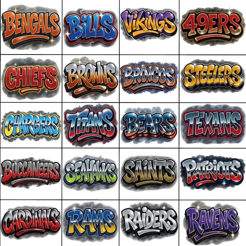 K&ouml;nnte beinhalten: Ein Raster von 20 farbenfrohen Logos im Graffiti-Stil von NFL-Teams, darunter die Bengals, Bills, Vikings, 49ers, Chiefs, Browns, Broncos, Steelers, Chargers, Titans, Bears, Texans, Buccaneers, Seahawks, Saints, Patriots, Cardinals, Rams, Raiders und Ravens.