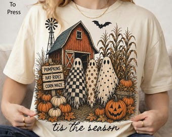 Halloween Farm Ghosts DTF Transfer, Pumpkin Patch Ghost Trio Iron On, Rustic Fall Halloween