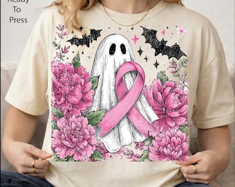 Pink Ribbon Ghost DTF Transfer, Breast Cancer Awareness Ready To Press, Floral Skeleton Iron On