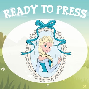 May include: A blue and white illustration of a princess with blonde hair and a blue dress in an oval frame with a blue bow. The text "READY TO PRESS" is at the top of the image.