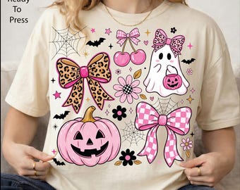 Coquette Bow Halloween DTF Transfer, Pink Checkered Bow Ready To Press, Girly Spooky Season Iron On