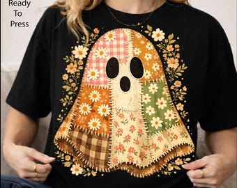 Floral Patchwork Ghost DTF Transfer, Boho Halloween Ready To Press, Spooky Season Heat Press Transfer