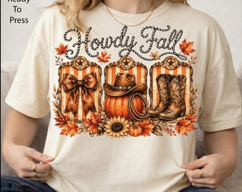 Howdy Fall Pumpkin DTF Transfer, Western Cowboy Ready To Press, Cowgirl Boots Iron On