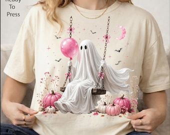 Pink Ghost Halloween DTF Transfer, Ghost on Swing Heat Press Transfer, Pink Pumpkin Halloween Iron On