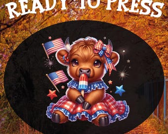 Baby Highland Cow 4th of July DTF Transfer: Patriotic USA Flag