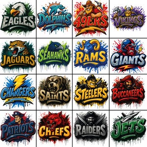 Może przedstawiać: Zbi&oacute;r 16 logo drużyn sportowych, każde z nazwą drużyny i maskotką. Logo obejmują Eagles, Dolphins, 49ers, Vikings, Jaguars, Seahawks, Rams, Giants, Chargers, Saints, Steelers, Buccaneers, Patriots, Chiefs, Raiders i Jets.