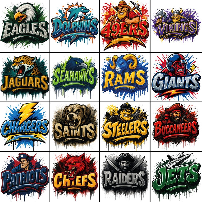 Może przedstawiać: Zbi&oacute;r 16 logo drużyn sportowych, każde z nazwą drużyny i maskotką. Logo obejmują Eagles, Dolphins, 49ers, Vikings, Jaguars, Seahawks, Rams, Giants, Chargers, Saints, Steelers, Buccaneers, Patriots, Chiefs, Raiders i Jets.