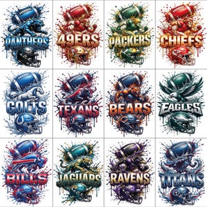 May include: A collection of 12 digital illustrations featuring various NFL team logos, helmets, and footballs. Each design includes the team name, a team mascot, and a football. Teams include the Panthers, 49ers, Packers, Chiefs, Colts, Texans, Bears, Eagles, Bills, Jaguars, Ravens, and Titans.