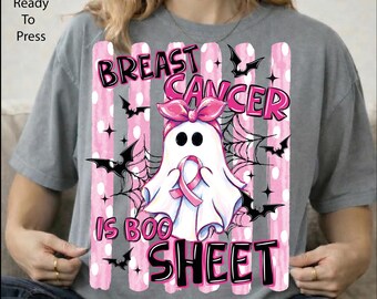 Striped Breast Cancer Halloween DTF Transfer, Pink Ghost Ready To Press, Ghost Ribbon Iron On