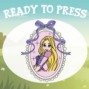 May include: A purple and white illustration of a princess with long blonde hair, wearing a purple dress and a crown, inside a white oval frame with a purple ribbon bow. The text "READY TO PRESS" is at the top of the image.