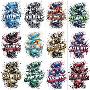 May include: Twelve vibrant digital illustrations showcasing NFL team logos. Each design features a team name, helmet, and a related graphic, like a lion for the Lions or a dolphin for the Dolphins, set against a splash background.