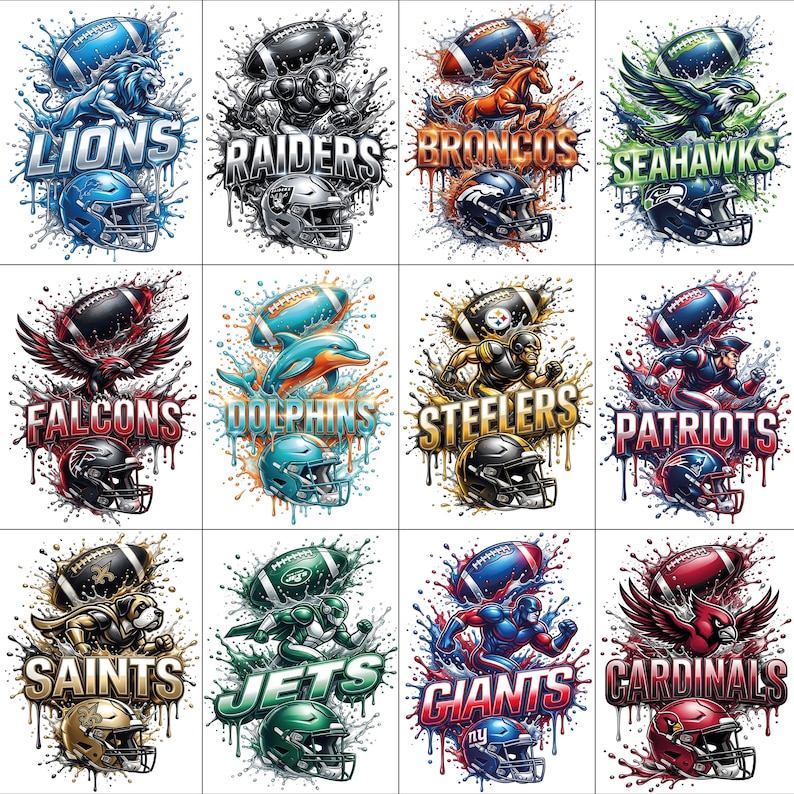 May include: A collection of twelve colorful digital illustrations featuring various NFL team logos. Each design includes a team name, helmet, and a related graphic, such as a lion for the Lions or a dolphin for the Dolphins, set against a splash background.