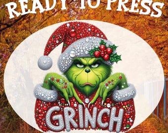 Glitter Effect Grinch DTF Transfer: Merry Christmas Heat Press Design