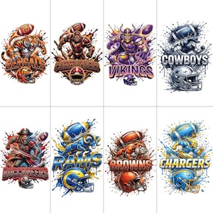 May include: A collection of eight colorful digital illustrations featuring various American football team logos. Each design includes the team name, mascot, helmet, and football, set against a dynamic splash effect. Teams include Bengals, Commanders, Vikings, Cowboys, Buccaneers, Rams, Browns, and Chargers.