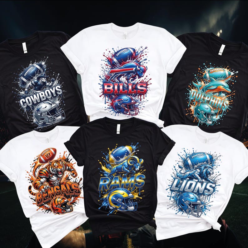 May include: A collection of six t-shirts featuring football team graphics. Designs include team names like "Cowboys," "Bills," "Dolphins," "Bengals," "Rams," and "Lions," each with a football and helmet illustration. The shirts are black and white.