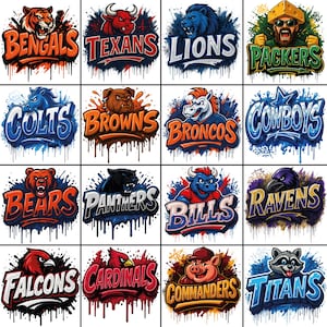 Może przedstawiać: Siatka szesnastu kolorowych logo drużyn sportowych, każde z nazwą drużyny i maskotką. Logo przedstawiają drużyny takie jak Bengals, Texans, Lions, Packers, Colts, Browns, Broncos, Cowboys, Bears, Panthers, Bills, Ravens, Falcons, Cardinals, Commanders i Titans.