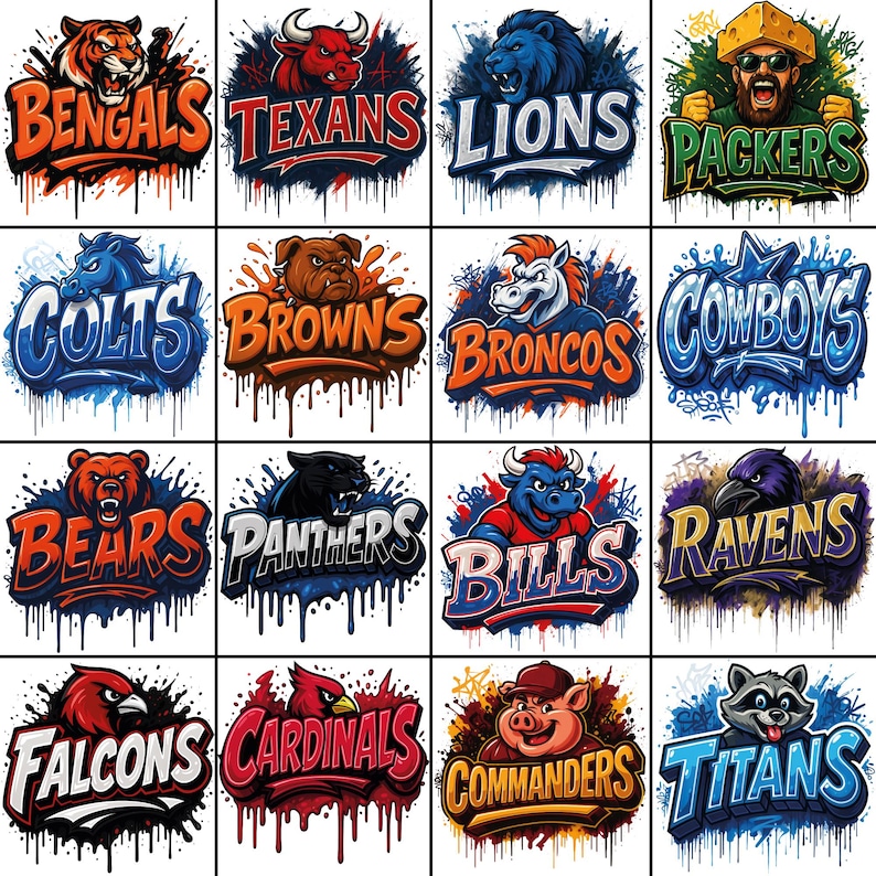 Może przedstawiać: Siatka szesnastu kolorowych logo drużyn sportowych, każde z nazwą drużyny i maskotką. Logo przedstawiają drużyny takie jak Bengals, Texans, Lions, Packers, Colts, Browns, Broncos, Cowboys, Bears, Panthers, Bills, Ravens, Falcons, Cardinals, Commanders i Titans.