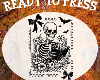 Preppy Halloween Skeleton DTF Transfer: Coquette Bow, Retro Bookish Design