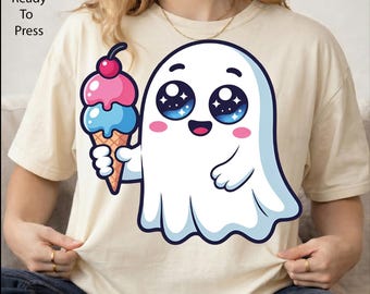 Halloween Ghost Ice Cream DTF Transfer, Kawaii Ghost Ready To Press, Spooky Halloween Iron On