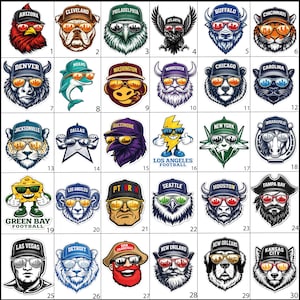 May include: A collection of thirty individual stickers featuring various mascots, animals, and characters wearing sports caps and sunglasses, each labelled with a different city name, arranged in a grid format on a white background.