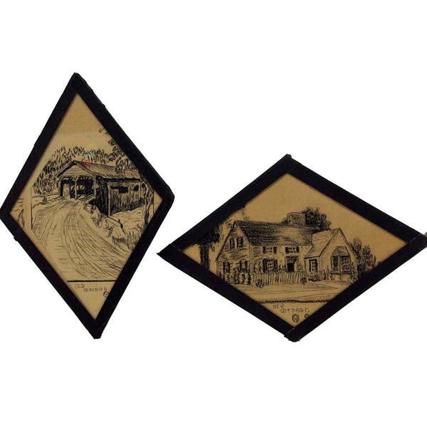 Vintage Pair Hand Drawn Charcoal Pencil Black White Cottage  Covered Bridge Country  Silouettes Frames Drawings Wall Hanging