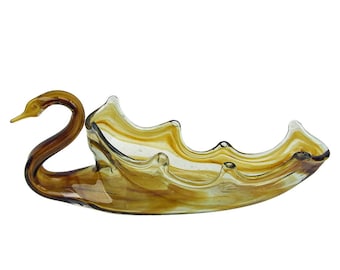 Jarrón largo con forma de cisne de cristal soplado a mano, estilo moderno de mediados de siglo, estilo vintage, transparente, con remolino dorado