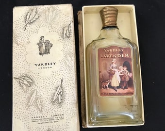 Vintage 1950s Yardley Old English Lavender Perfume Glass Bottle Original Box Made in London England Brass Cap
