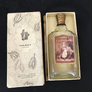 Vintage 1950s Yardley Old English Lavender Perfume Glass Bottle Original Box Made in London England Brass Cap