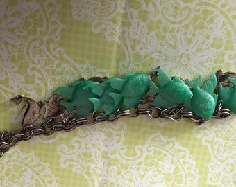 Vintage Retro Charm Bracelet Green Celluloid Fish and Silver Tone Sword Fish 7" Wrist Kitschy Jewelry