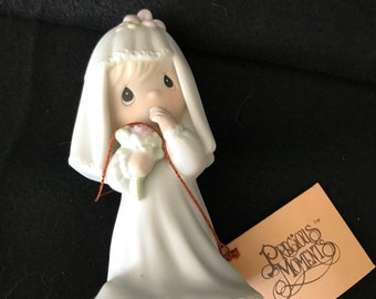 Vintage 1983 Precious Moments Bride Wedding or Bride Gift Figurine with Tag G Clef Music Note Mark