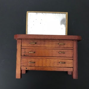 Antique Wood Doll House Dresser or Salesman Sample Zinc Mirror Faux Drawers Old Nails Primitive Doll Furniture