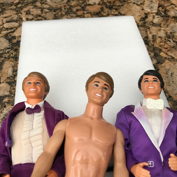 Three Vintage Ken Dolls Barbie Boyfriend In Formal Outfits Shoes Socks Purple Sating Jacket Velvet Jacket Ruffled Shirt Pants Bowtie