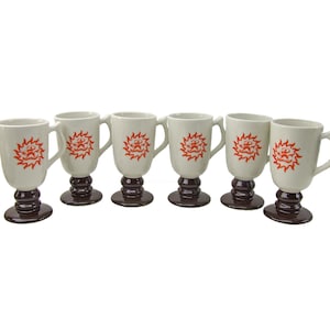 Set di sei tazze da caffè vintage Hall Pottery Aztec New Mexico Cowboy Southwest Pedestal con timbro Hall numero 1273, blu navy