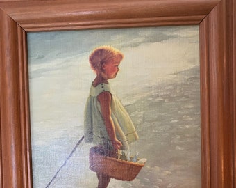 Vintage Art Print Beautiful Young Girl on Beach Framed Printed and Framed in Great Britain Benfleet Essex Vintage 1996