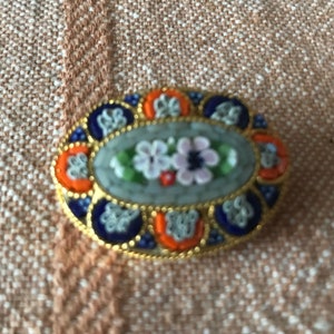 Vintage Micro mosaic Millefiori Colorful Brooch Made in Italy 10 Karat Gold Plated Brooch Colorful Stones