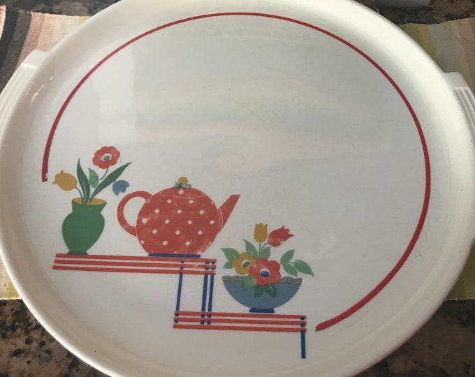 Vintage Art Deco Pottery Guild Serving Platter Orange Polka Dot Teapot