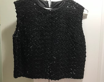 1960s Black Sparky Sequin Clothing Party Time Short Sleeveless Evening Top Blouse Go Go Girl Formal Wedding