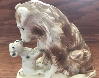 Vintage 1940s Five Inch Tall Plaster Collie Dog and Her Puppy Figurine Cottage Chic Chippy