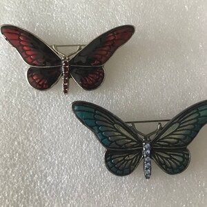 Stunning Pair Numbered and Signed SFJ Blue and Red Enamel Butterfly Brooches Rhinestone Tails Centers