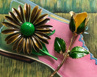 Pair of Vintage Retro Yellow Metal Rosebud Brooch Signed Giovanni and Green Olive Green Metal Enamel Flower Petal Brooch Pin 1950s Jewelry