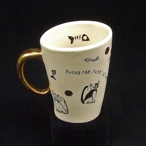 Vintage Kitty Cat Crock Coffee Tea Mug Quite Contrary Kooky Krocks By Mary Fellows England Black Cat Fish Scales Gold Handle