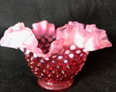 Vintage Fenton Hobnail Cranberry Pink Ruffle Edge Bowl Hand Blown Art Glass