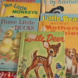 May include: A stack of vintage children's books with colorful covers. Titles include "Alexander," "Ten Little Monkeys," "Three Little Ducks," and "Little Deer." The illustrations feature animals and bright, cheerful designs.