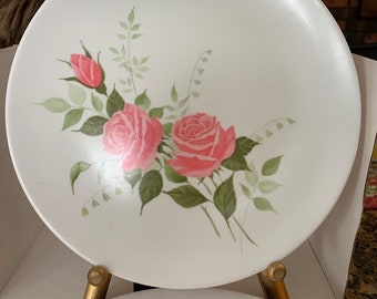 Set of Four Lovely Melmac Lenox Ware Pink and green Roses Rose Bud Retro Dinner Plates