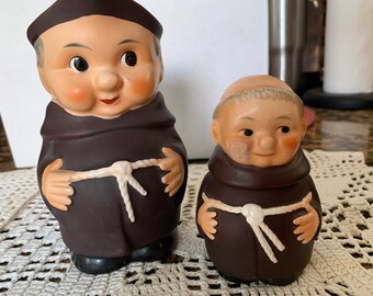 Pair Vintage Friar Tuck Goebel West Germany Five Inch Creamer Pitcher and Friar Two Piece Jelly Honey Jar