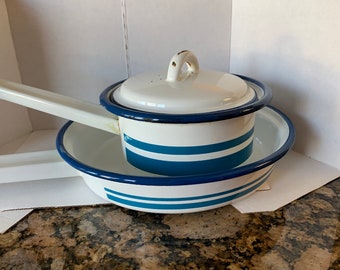 Vintage Blue White Stripe Porcelain Enamel Skillet and Sauce Pan Sweden Poland Danish Russian? Vibrant Blue White Bird Mark